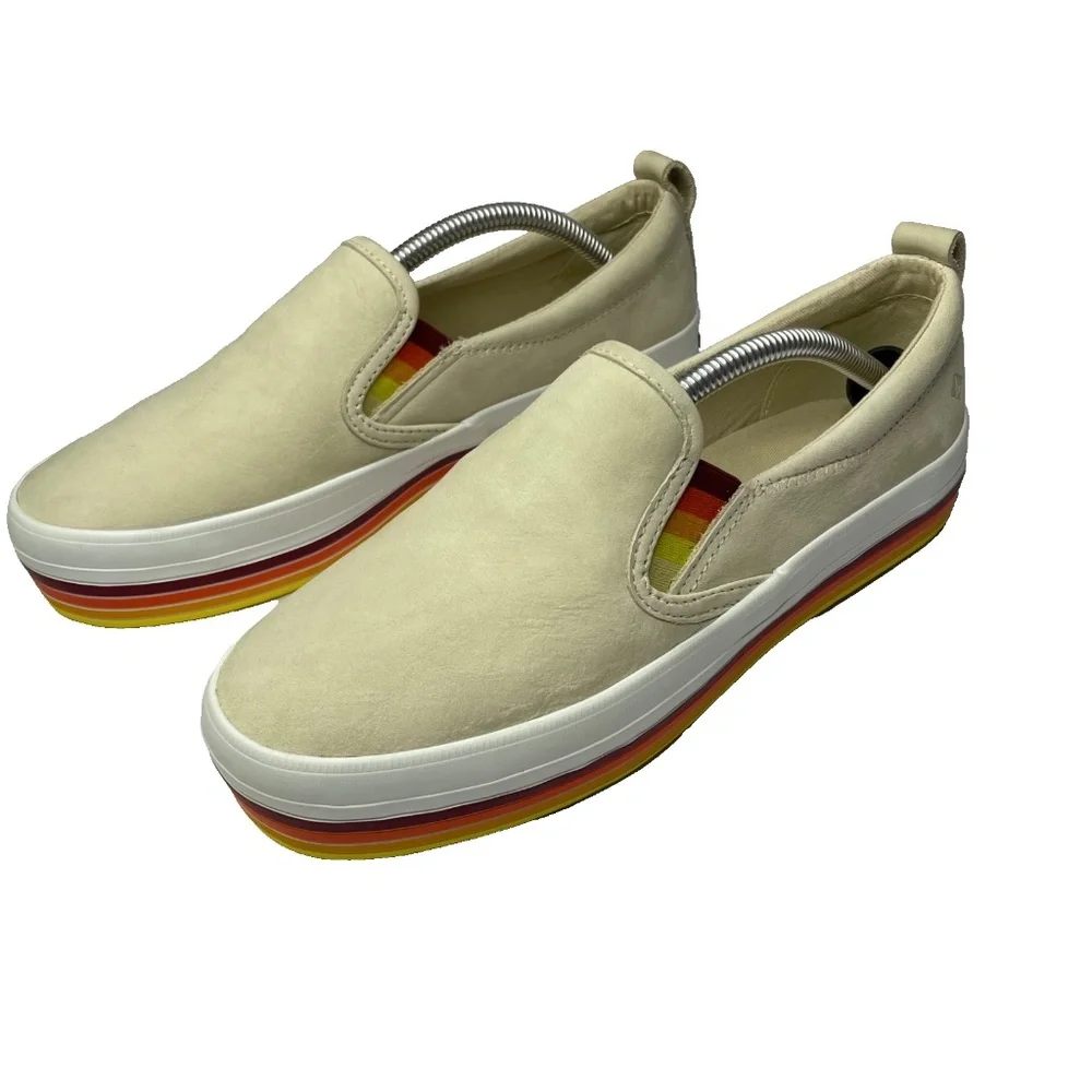 Sperry Top Sider Boat Shoes Womens 7.5 Tan Rainbow Pride Slip On Leather Sneaker